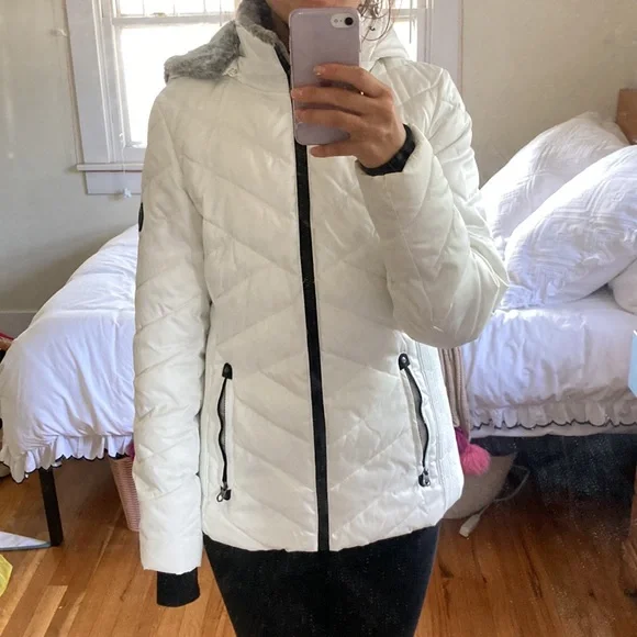 White hooded zip up puffer jacket NAUTICA